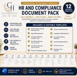 May include: A professional HR and compliance document pack featuring 12 editable templates. The text includes titles like Sickness Absence Review Meeting Record, Appeal Meeting Record, Disciplinary Meeting Invitation Letter, and Employee Leaver Checklist.