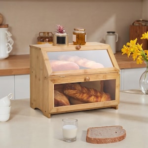 Wooden Bin with Transparent Window 2-Layer | Kitchen Counter Bread Storage Box| Large Capacity