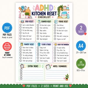 ADHD Kitchen Reset Checklist Printable, Cleaning Checklist, Home Organization Planner, Daily Routine (Digital Download)