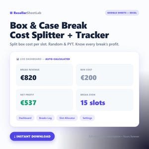 Könnte beinhalten: Ein digitales Tabellenkalkulations-Tool mit dem Titel Box & Case Break Cost Splitter + Tracker von ResellerSheetLab. Die Benutzeroberfläche zeigt ein Live-Dashboard mit automatisch berechneten Feldern für 820 € Umsatz, 200 € Kosten, 537 € Nettogewinn und einen Break-Even bei 15 Slots.