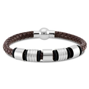 Men Jewelry Brown Braided Leather Bracelet Stainless Steel Magnetic Clasp Fashion Bangles