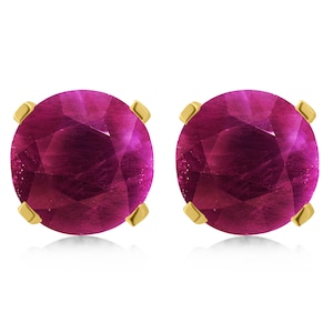 Round cut Ruby Earrings, Red Ruby Stud Earrings with Push Backs, 14k Yellow gold