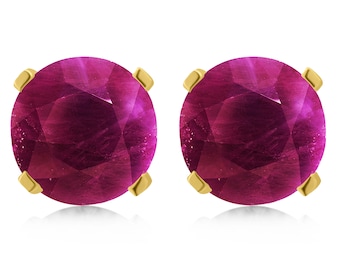 Round cut Ruby Earrings, Red Ruby Stud Earrings with Push Backs, 14k Yellow gold