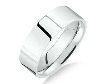 May include: A simple, polished silver wedding band with a flat, wide profile.