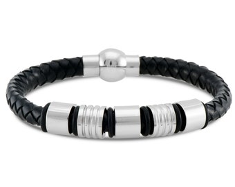 Bracelet Homme Cuir Noir – Fermoir Magnétique Acier Inoxydable, 21 Cm, Neuf