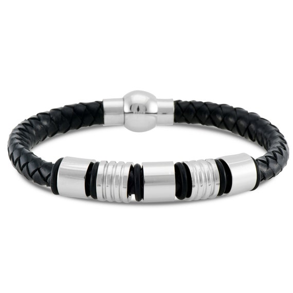 Men Jewelry Black Braided Leather Bracelet Stainless Steel  display picture 3