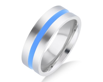 May include: A silver ring with a blue stripe around the band.