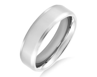 May include: A silver wedding band with a brushed finish and a polished edge.