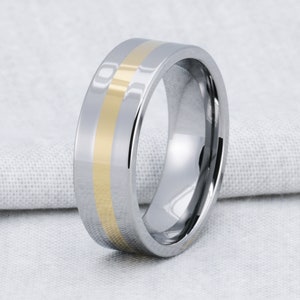 Tungsten Carbide Flat 8mm Comfort Fit Wedding Band Ring With Gold Plated Inlay