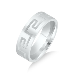 Titanium 8mm Flat Band With A Grooved Greek Key Pattern Polished Comfort Fit Wedding Band Ring