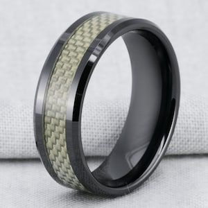 8MM Black Ceramic Ring & White Carbon Fiber Inlay Comfort Fit Wedding Band Ring
