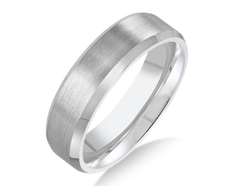 May include: A brushed silver wedding band with a beveled edge.