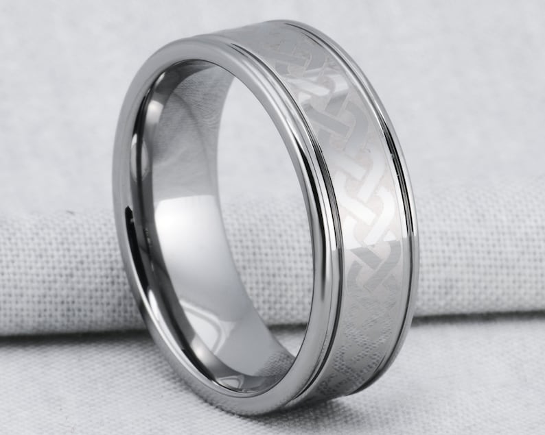8MM Laser Etched Knot Tungsten Band Comfort Fit Wedding Band Ring