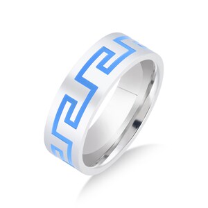 Titanium 8mm Flat Band With A Blue Grooved Greek Key Pattern Polished Comfort Fit Wedding Band Ring
