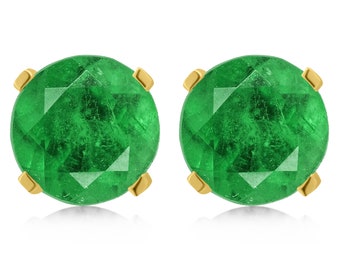 Round cut Emerald Earrings, Emerald Green Stud Earrings with Push Backs, 14k Yellow gold