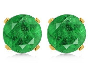 Round cut Emerald Earrings, Emerald Green Stud Earrings with Push Backs, 14k Yellow gold