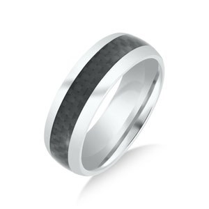 Men&#39;s Titanium 8mm Dome Band With Black Carbon Fiber Inlay Polished Comfort Fit Wedding Band Ring