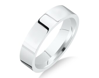 May include: A simple, polished silver wedding band with a flat, wide profile.
