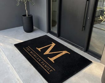Custom Monogram Doormat, Black Gold Faux Coir Family Name Welcome Mat