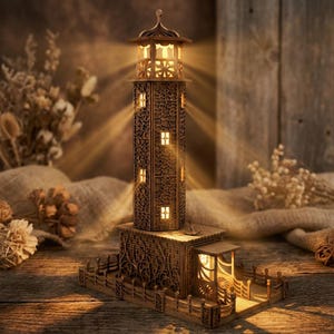 May include: A brown wooden lighthouse lamp with intricate laser-cut patterns on its hexagonal tower and base. The structure features multiple small illuminated windows and a glowing lantern room at the top, casting warm light rays outward.