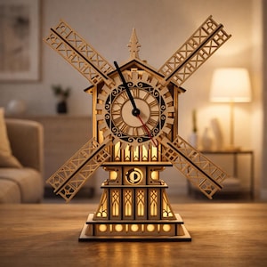 May include: A light-colored wooden windmill clock featuring a circular face with Roman numerals, black hour and minute hands, and a red second hand. The structure includes intricate lattice-style blades and a base illuminated by warm internal lighting.
