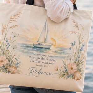 Personalized Christian Boat Tote | Coastal Scripture Tote | Custom Name Beach Tote | Isaiah 43:2 Christian Gift