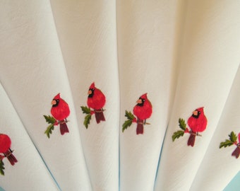 Red Cardinal napkins,  Set of 8  hand embroidered on white cotton,  ready to ship.