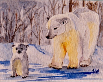 Art card of Mother Polar Bear and Baby in a winter scene