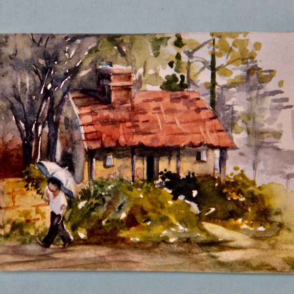 Country Cottage, red roof house,  watercolor painting, original artwork,  ACEO sized art by Vivienne Edwards