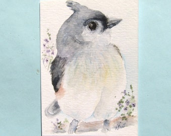 Tufted Titmouse mini painting,  original watercolor,  ACEO by Vivienne Edwards