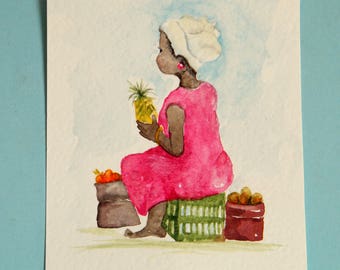 African fruit seller, original watercolor painting in small format art