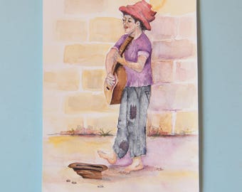 Busking musician,  original watercolor painting, ten by 7 inch,  young male guitarist