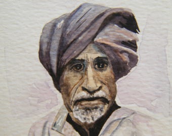 Small watercolor male portrait of a man wearing a turban, original painting on art card or ACEO