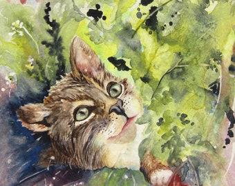 Curious Kitten, Original Watercolor  Pet Portrait on 9 X 8 inch watercolor paper by Vivienne Edwards