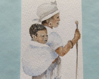 Original watercolor ACEO,  mini Mother and Child painting in brown and blue