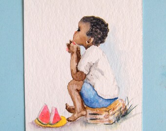 3 x 4 inch African Child with Watermelon in Watercolor Painting,  Original Naive Art by Vivienne Edwards