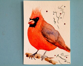 Watercolor painting,  original art,  miniature painting of Northern Cardinal, SantasSongbird
