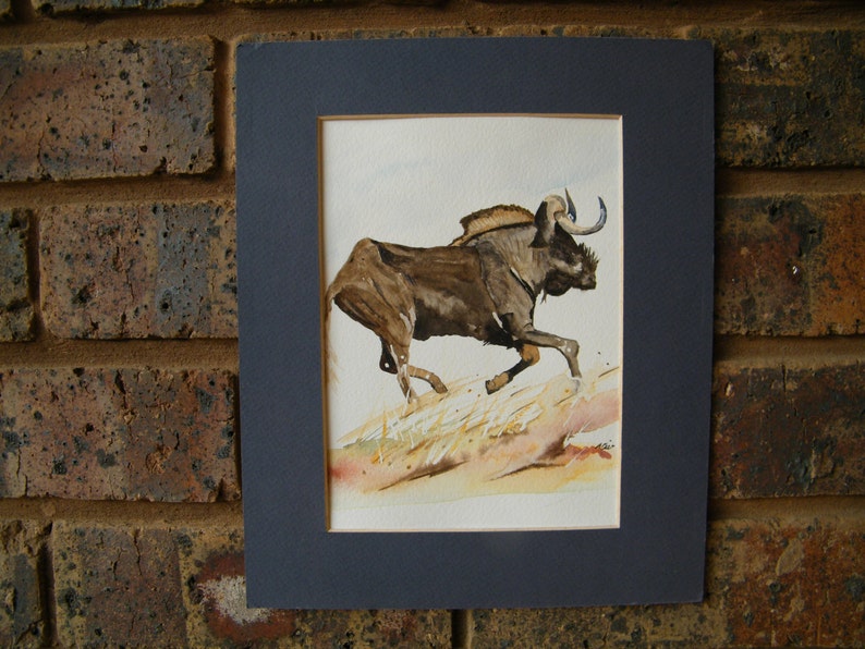 small realistic original watercolor wildlife illustration Wildebeest painting
