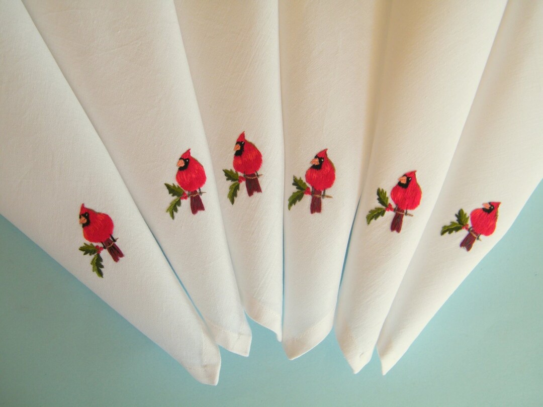Red Cardinal Napkins Set of 8 Hand Embroidered on White Etsy Singapore
