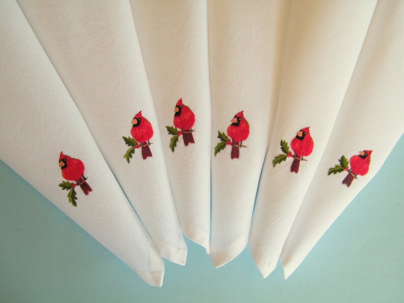 Red Cardinal Napkins, Set of 8 Hand Embroidered on White Cotton, Ready