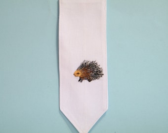 Porcupine bookmark,  hand embroidered  realistic design on white cotton fabric