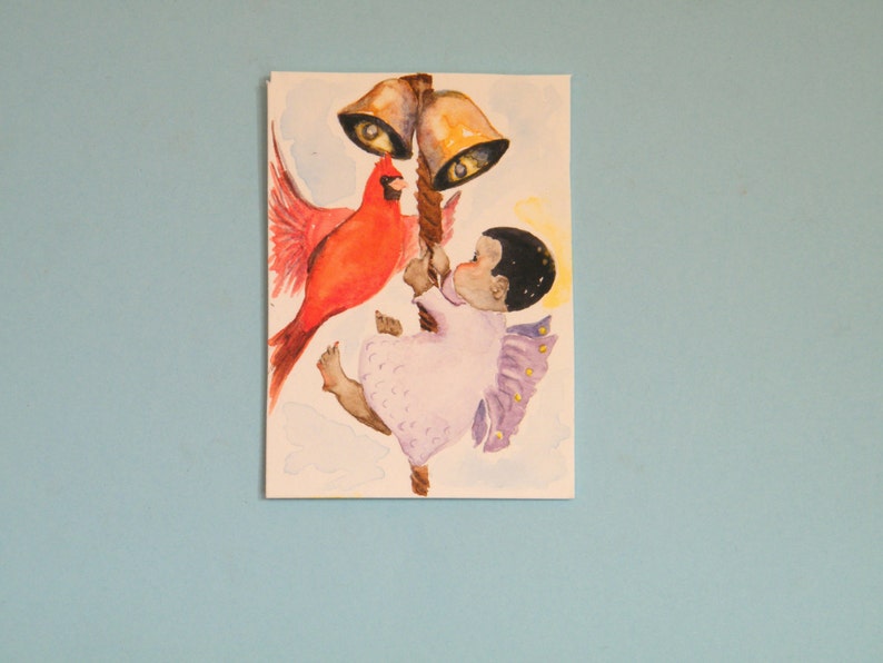 watercolor painting Bell ringer Angel and a Northern Cardinal original ACEO SantasSongbird