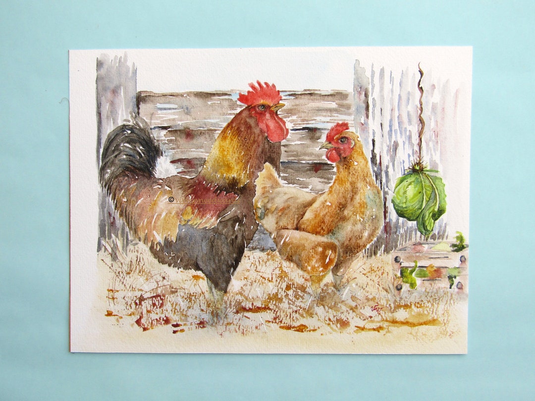 Farmyard Scene, Watercolor Painting of a Rooster and Hen, Original Art ...