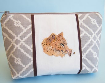 Leopard Cosmetic Bag in grey and white cotton fabric with hand crafted wild cat motif