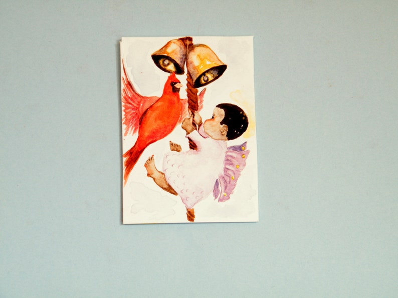 watercolor painting Bell ringer Angel and a Northern Cardinal original ACEO SantasSongbird
