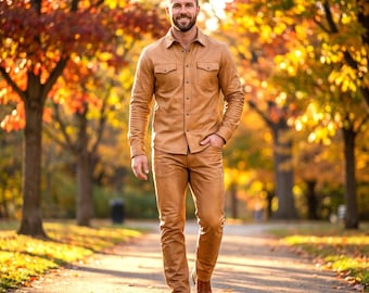 Leather Miller Herren-Set aus kamelbraunem Lammleder, Hemd und Hose, zweiteiliges Outfit aus echtem Lammleder, maßgefertigt, Geschenk für ihn
