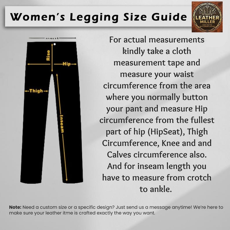 May include: A black graphic illustration of leggings with yellow arrows and labels indicating measurement points for waist, rise, hip, thigh, and inseam. Text instructions explain how to measure waist, hip, thigh, knee, calf, and inseam length.