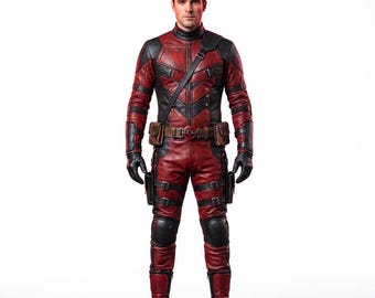 Herren-Lederanzug in Rot und Schwarz, Superhelden-Cosplay-Kostüm aus echtem Leder, Antihelden-Biker-Overall, Halloween-Kostüm