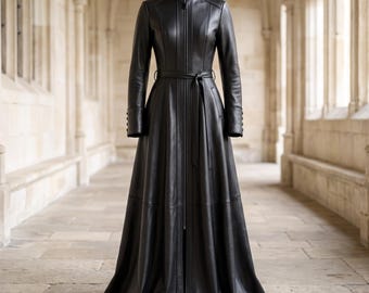 Schwarzer Ledermantel für Damen, langer Gothic-Ledermantel, taillierter Leder-Maximantel, echter Lammledermantel mit Gürtel – das perfekte Geschenk für Sie