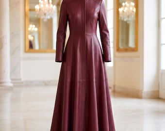 Damen-Ledermantelkleid in Burgunderrot, langer Ledermantel, weinrotes Maxikleid, Stehkragen, ausgestelltes Schafleder, bordeauxrot, Geschenk für Sie